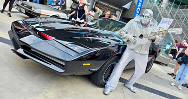 Iconic silver Elvis imitation beside KITT in Front of Kitchener City Hall.